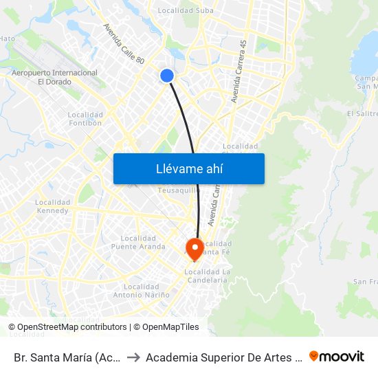 Br. Santa María (Ac 80 - Kr 73b) to Academia Superior De Artes De Bogota - Asab map