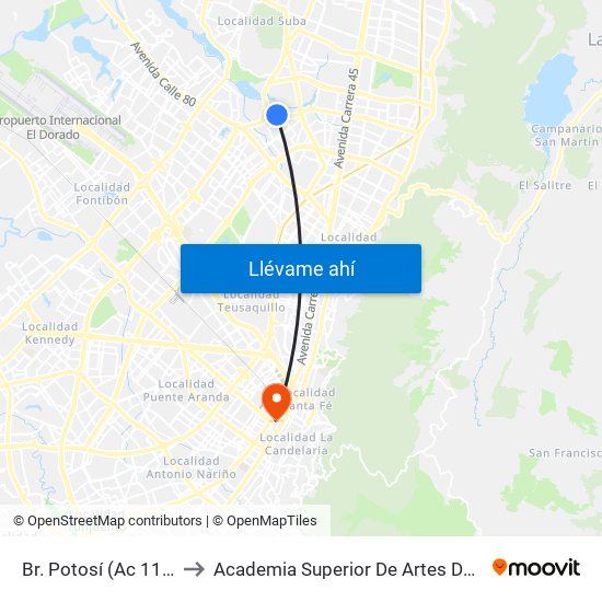 Br. Potosí (Ac 116 - Kr 71) to Academia Superior De Artes De Bogota - Asab map