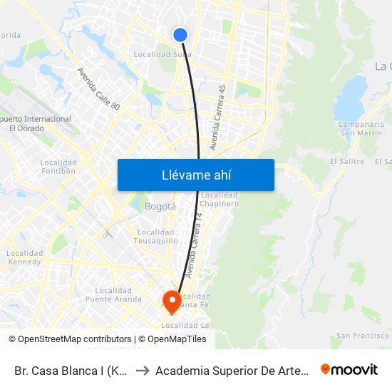 Br. Casa Blanca I (Kr 76 - Cl 146c) to Academia Superior De Artes De Bogota - Asab map