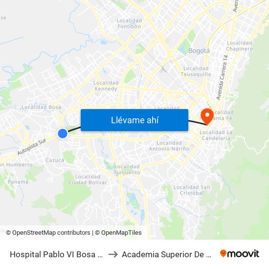 Hospital Pablo VI Bosa (Cl 63 Sur - Kr 77g) (A) to Academia Superior De Artes De Bogota - Asab map