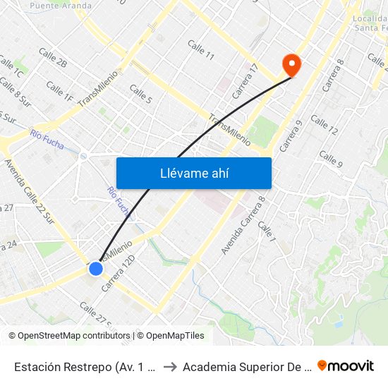 Estación Restrepo (Av. 1 De Mayo - Av. Caracas) (A) to Academia Superior De Artes De Bogota - Asab map