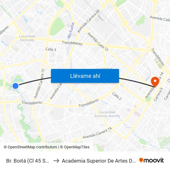 Br. Boitá (Cl 45 Sur - Kr 72v) to Academia Superior De Artes De Bogota - Asab map