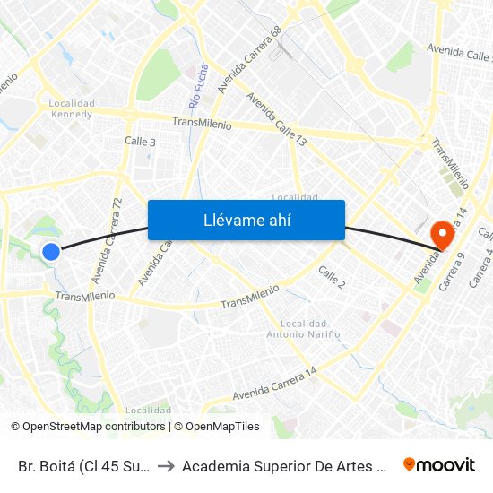 Br. Boitá (Cl 45 Sur - Kr 72m) to Academia Superior De Artes De Bogota - Asab map