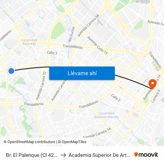 Br. El Palenque (Cl 42 Sur - Kr 78d Bis) to Academia Superior De Artes De Bogota - Asab map