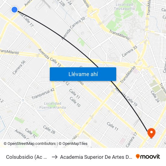 Colsubsidio (Ac 17 - Ak 68) to Academia Superior De Artes De Bogota - Asab map