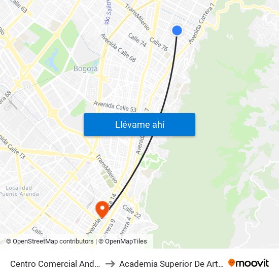 Centro Comercial Andino (Ac 82 - Kr 12) to Academia Superior De Artes De Bogota - Asab map