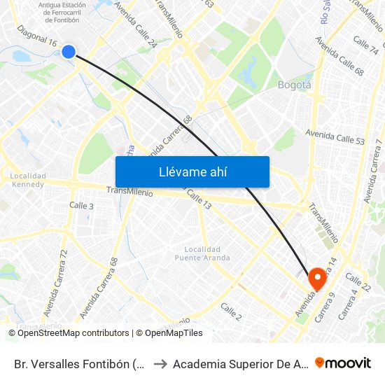 Br. Versalles Fontibón (Av. Centenario - Kr 90) to Academia Superior De Artes De Bogota - Asab map