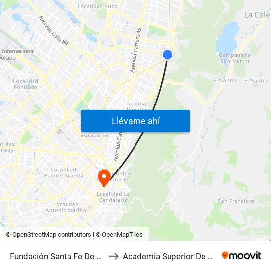 Fundación Santa Fe De Bogotá (Ak 9 - Cl 117a) to Academia Superior De Artes De Bogota - Asab map