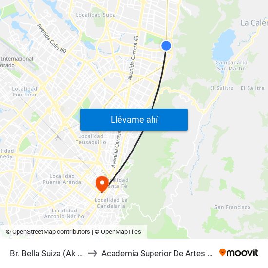 Br. Bella Suiza (Ak 9 - Cl 127b) to Academia Superior De Artes De Bogota - Asab map