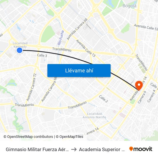 Gimnasio Militar Fuerza Aérea Colombiana (Kr 78k - Cl 6 Sur) to Academia Superior De Artes De Bogota - Asab map