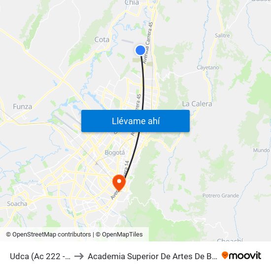 Udca (Ac 222 - Kr 55) to Academia Superior De Artes De Bogota - Asab map