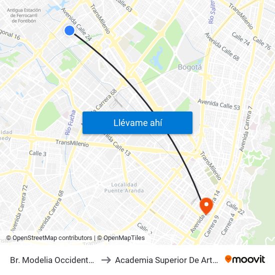 Br. Modelia Occidental (Kr 82 - Cl 23b) to Academia Superior De Artes De Bogota - Asab map