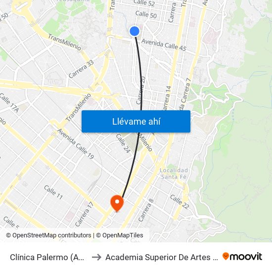 Clínica Palermo (Ak 24 - Cl 45b) to Academia Superior De Artes De Bogota - Asab map