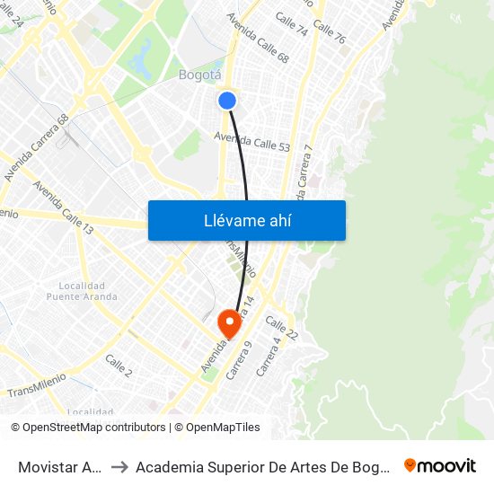 Movistar Arena to Academia Superior De Artes De Bogota - Asab map