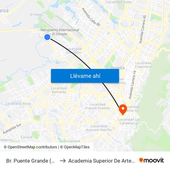 Br. Puente Grande (Tv 128 - Cl 17f) to Academia Superior De Artes De Bogota - Asab map