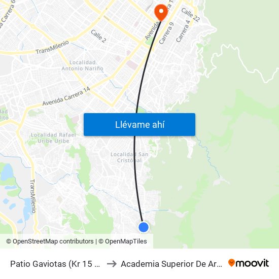Patio Gaviotas (Kr 15 Este - Cl 48 Sur) (B) to Academia Superior De Artes De Bogota - Asab map