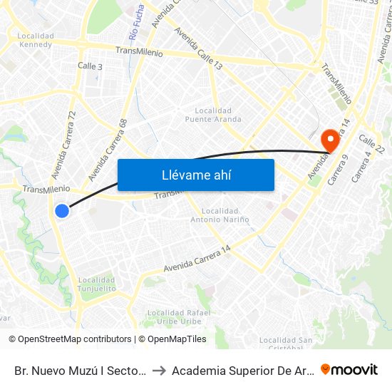 Br. Nuevo Muzú I Sector (Dg 51 Sur - Kr 54) to Academia Superior De Artes De Bogota - Asab map