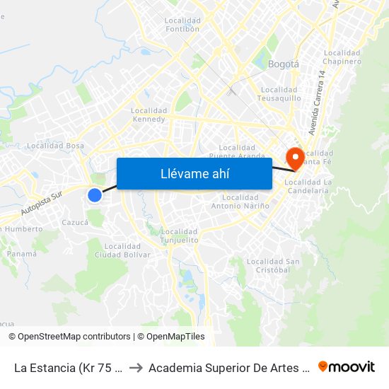 La Estancia (Kr 75 - Cl 59a Sur) to Academia Superior De Artes De Bogota - Asab map
