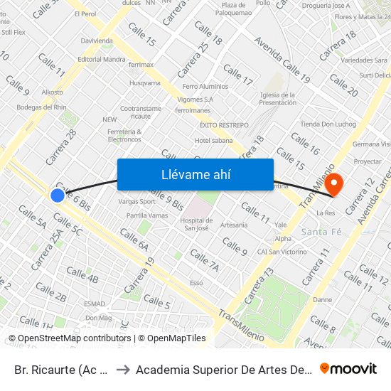 Br. Ricaurte (Ac 6 - Kr 26) to Academia Superior De Artes De Bogota - Asab map