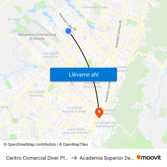 Centro Comercial Diver Plaza Álamos (Ak 96 - Cl 72a) to Academia Superior De Artes De Bogota - Asab map