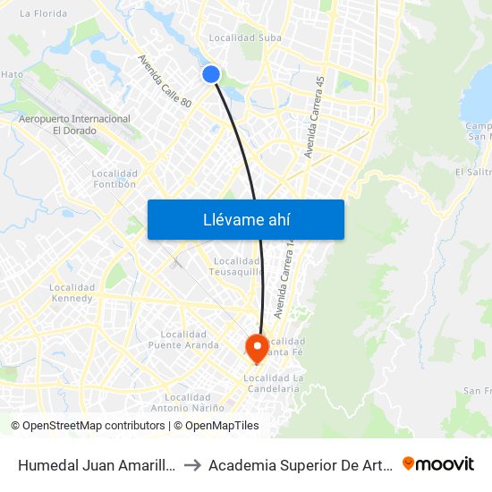 Humedal Juan Amarillo (Ak 91 - Cl 96a) to Academia Superior De Artes De Bogota - Asab map