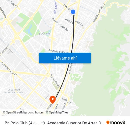 Br. Polo Club (Ak 24 - Cl 82) to Academia Superior De Artes De Bogota - Asab map