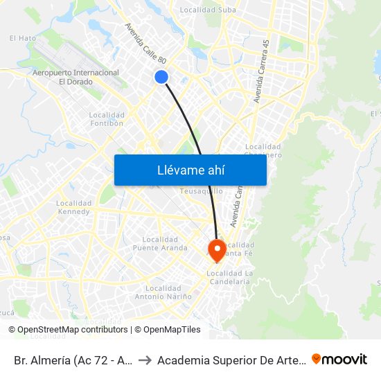 Br. Almería (Ac 72 - Av. C. De Cali) (A) to Academia Superior De Artes De Bogota - Asab map