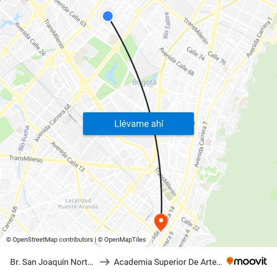 Br. San Joaquín Norte (Ak 70 - Cl 65) to Academia Superior De Artes De Bogota - Asab map