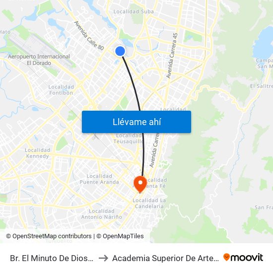 Br. El Minuto De Dios (Tv 76 - Dg 81i) to Academia Superior De Artes De Bogota - Asab map