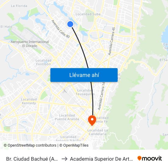 Br. Ciudad Bachué (Ac 90 - Kr 95f) (A) to Academia Superior De Artes De Bogota - Asab map