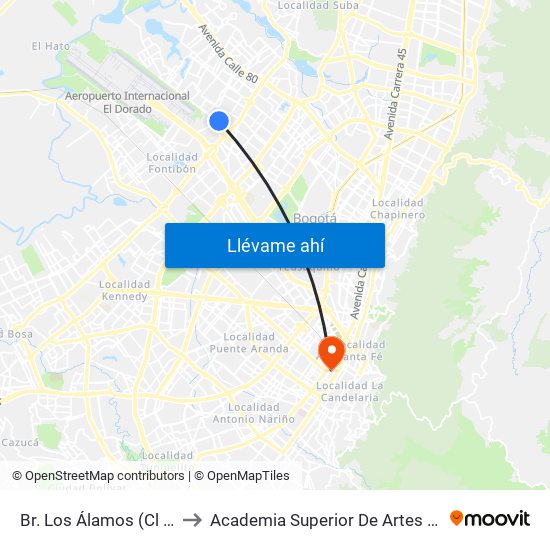 Br. Los Álamos (Cl 64g - Kr 92) to Academia Superior De Artes De Bogota - Asab map