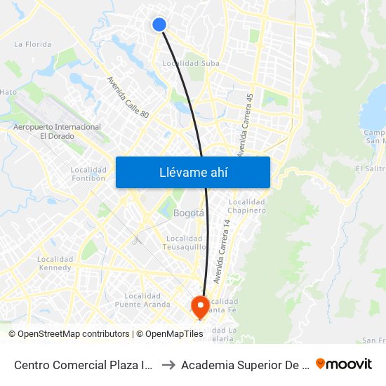 Centro Comercial Plaza Imperial (Av. Suba - Kr 107) to Academia Superior De Artes De Bogota - Asab map