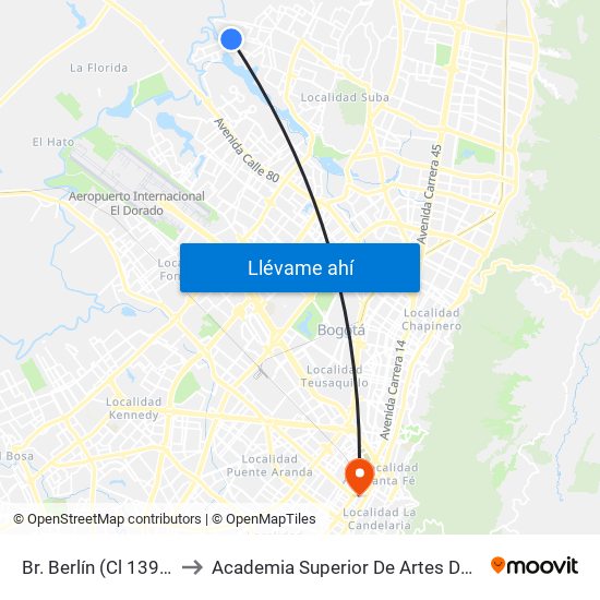 Br. Berlín (Cl 139 - Kr 147) to Academia Superior De Artes De Bogota - Asab map