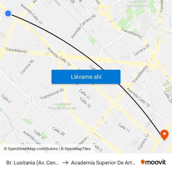 Br. Lusitania (Av. Centenario - Kr 68b) to Academia Superior De Artes De Bogota - Asab map