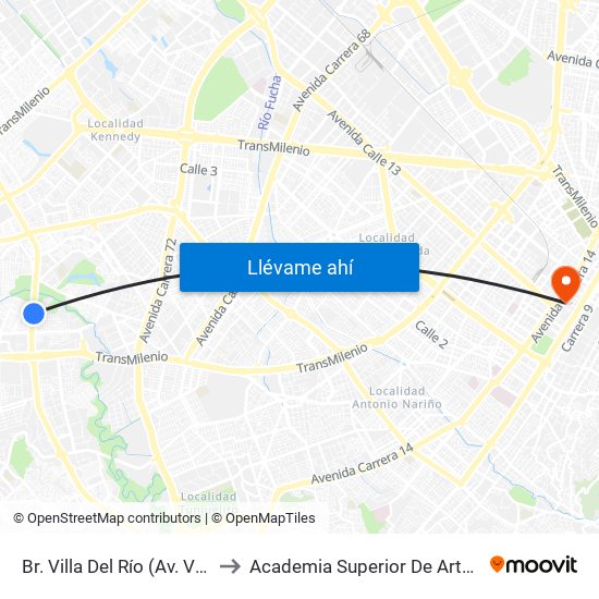 Br. Villa Del Río (Av. V/cio - Cl 54b Sur) to Academia Superior De Artes De Bogota - Asab map