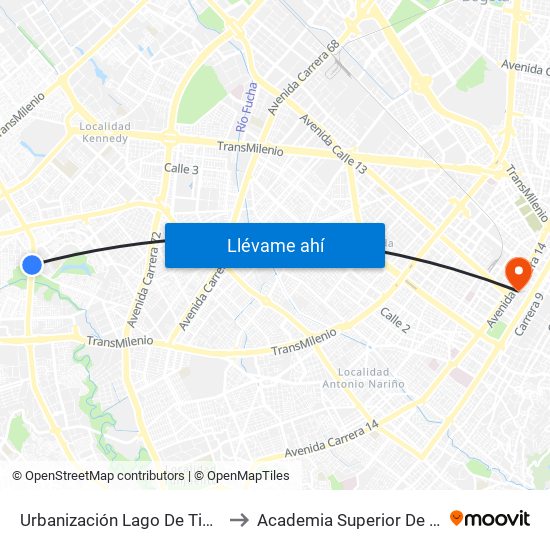 Urbanización Lago De Timiza (Av. V/cio - Cl 45 Sur) to Academia Superior De Artes De Bogota - Asab map