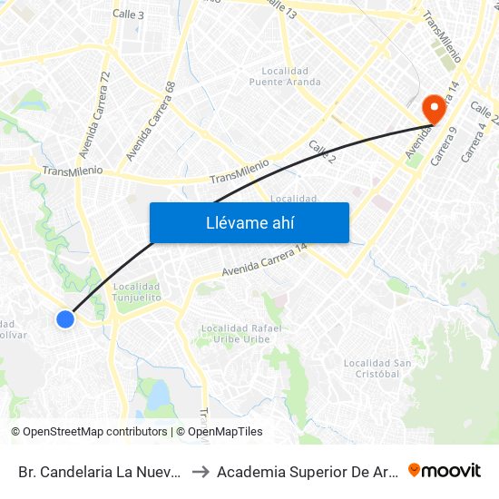Br. Candelaria La Nueva (Cl 64 Sur - Kr 23) to Academia Superior De Artes De Bogota - Asab map