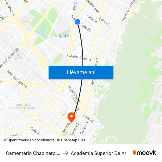 Cementerio Chapinero (Ac 68 - Kr 28b) (A) to Academia Superior De Artes De Bogota - Asab map