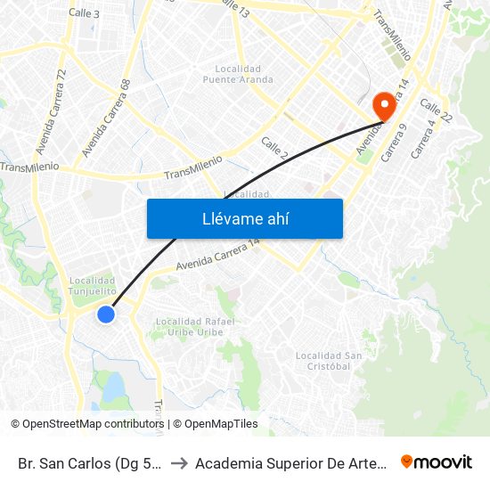 Br. San Carlos (Dg 51 Sur - Kr 18c) to Academia Superior De Artes De Bogota - Asab map