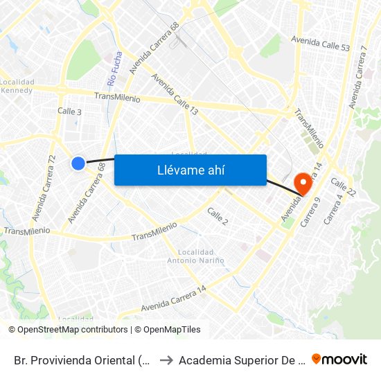 Br. Provivienda Oriental (Av. 1 De Mayo - Kr 68h) (A) to Academia Superior De Artes De Bogota - Asab map