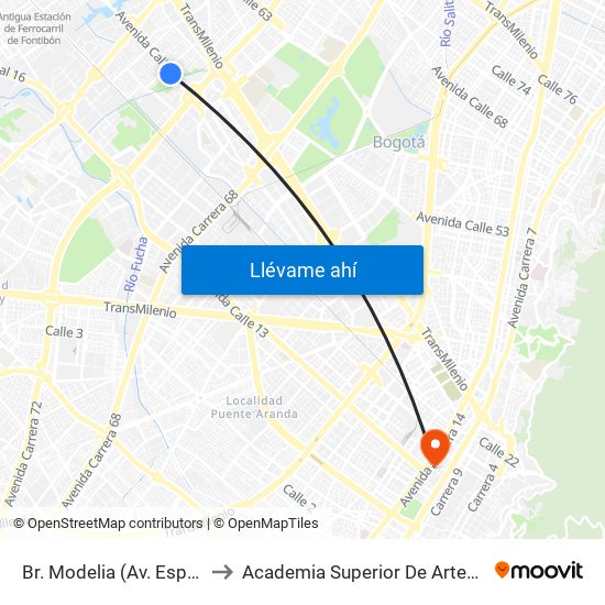 Br. Modelia (Av. Esperanza - Kr 74) to Academia Superior De Artes De Bogota - Asab map