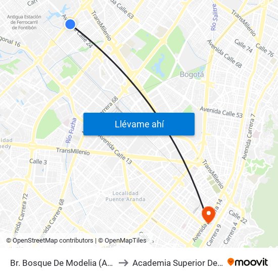Br. Bosque De Modelia (Av. Esperanza - Av. C. De Cali) to Academia Superior De Artes De Bogota - Asab map