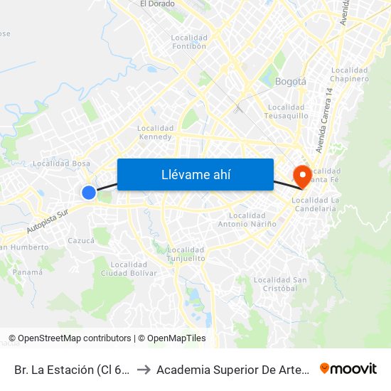 Br. La Estación (Cl 63 Sur - Kr 78c) to Academia Superior De Artes De Bogota - Asab map