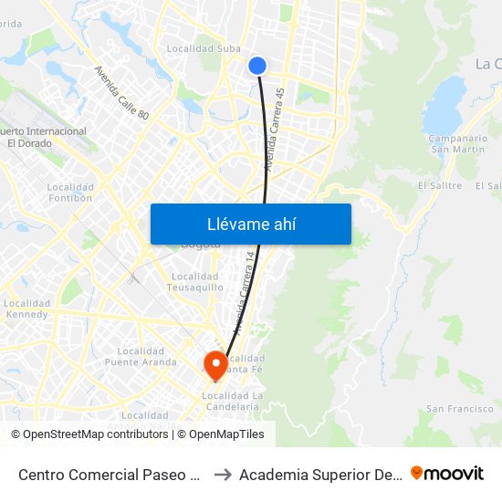 Centro Comercial Paseo San Rafael (Ac 134 - Kr 55a) to Academia Superior De Artes De Bogota - Asab map