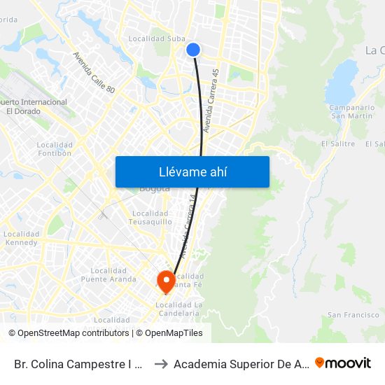 Br. Colina Campestre I Sector (Ac 134 - Kr 57) to Academia Superior De Artes De Bogota - Asab map