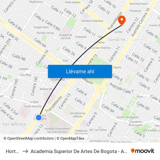 Hortua to Academia Superior De Artes De Bogota - Asab map