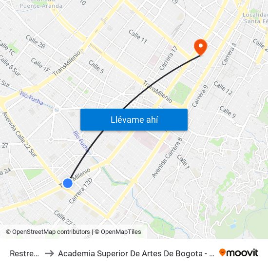 Restrepo to Academia Superior De Artes De Bogota - Asab map