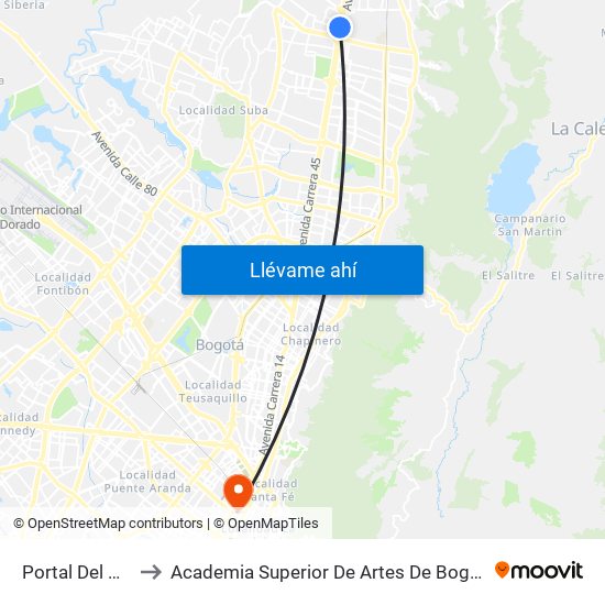 Portal Del Norte to Academia Superior De Artes De Bogota - Asab map