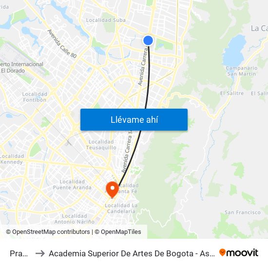 Prado to Academia Superior De Artes De Bogota - Asab map