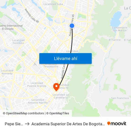 Pepe Sierra to Academia Superior De Artes De Bogota - Asab map